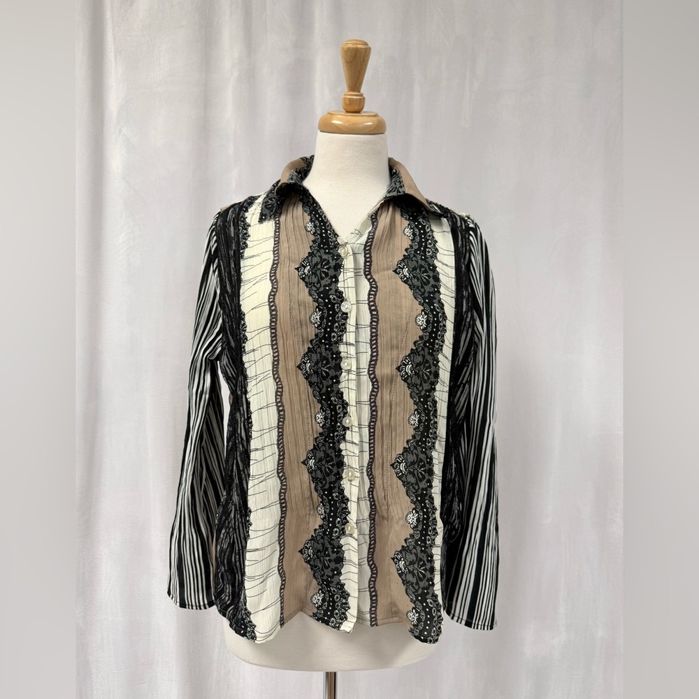 Allison Daley Women's Mixed-Stripe Button-Up Shirt in Black, White & Tan Size 12